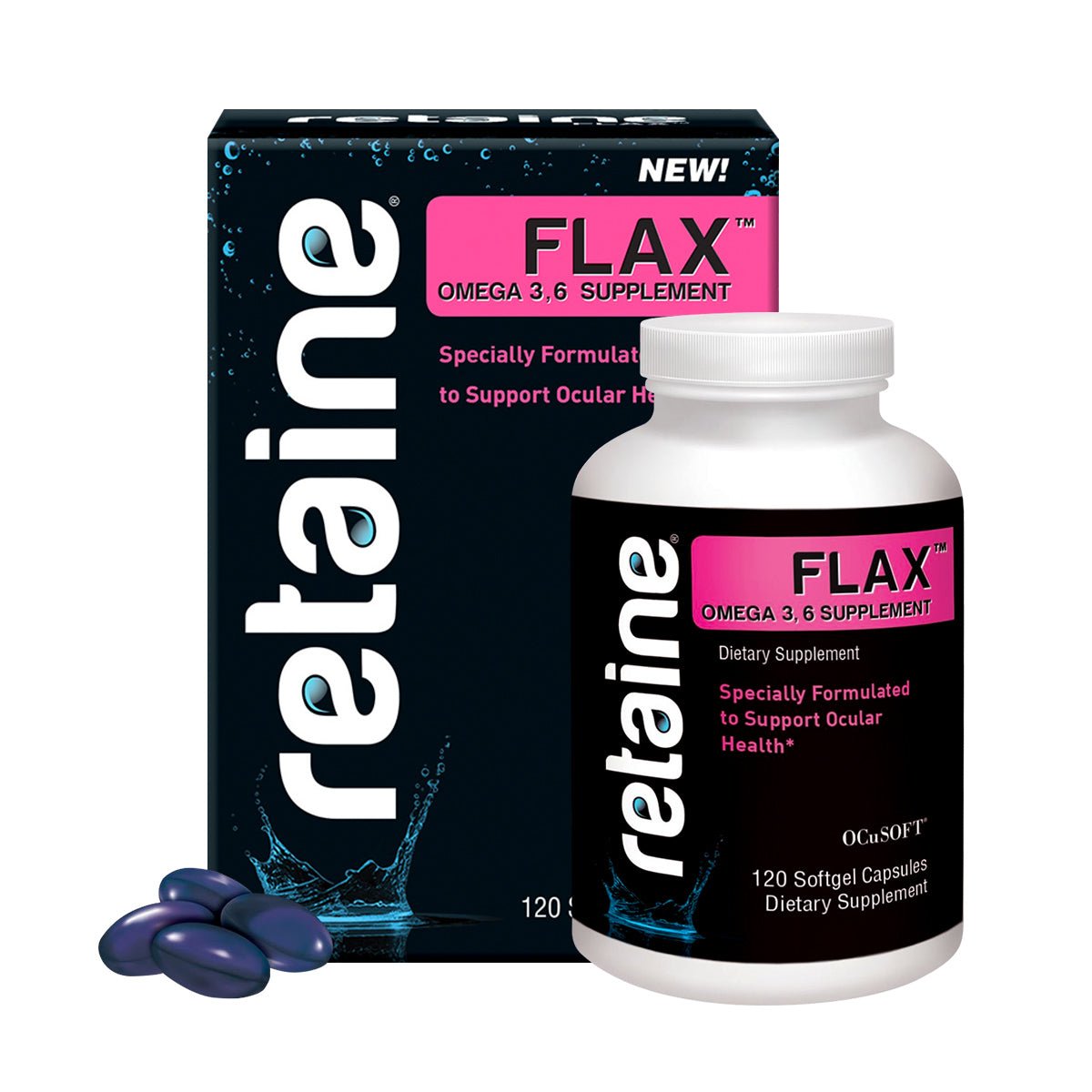 Image of OCuSOFTs Retaine Flax Omega Eye Supplement shows black packaging with pink labels. Emphasizes its formula for supporting ocular health with plant-based essential fatty acids. Several softgel capsules are visible too.