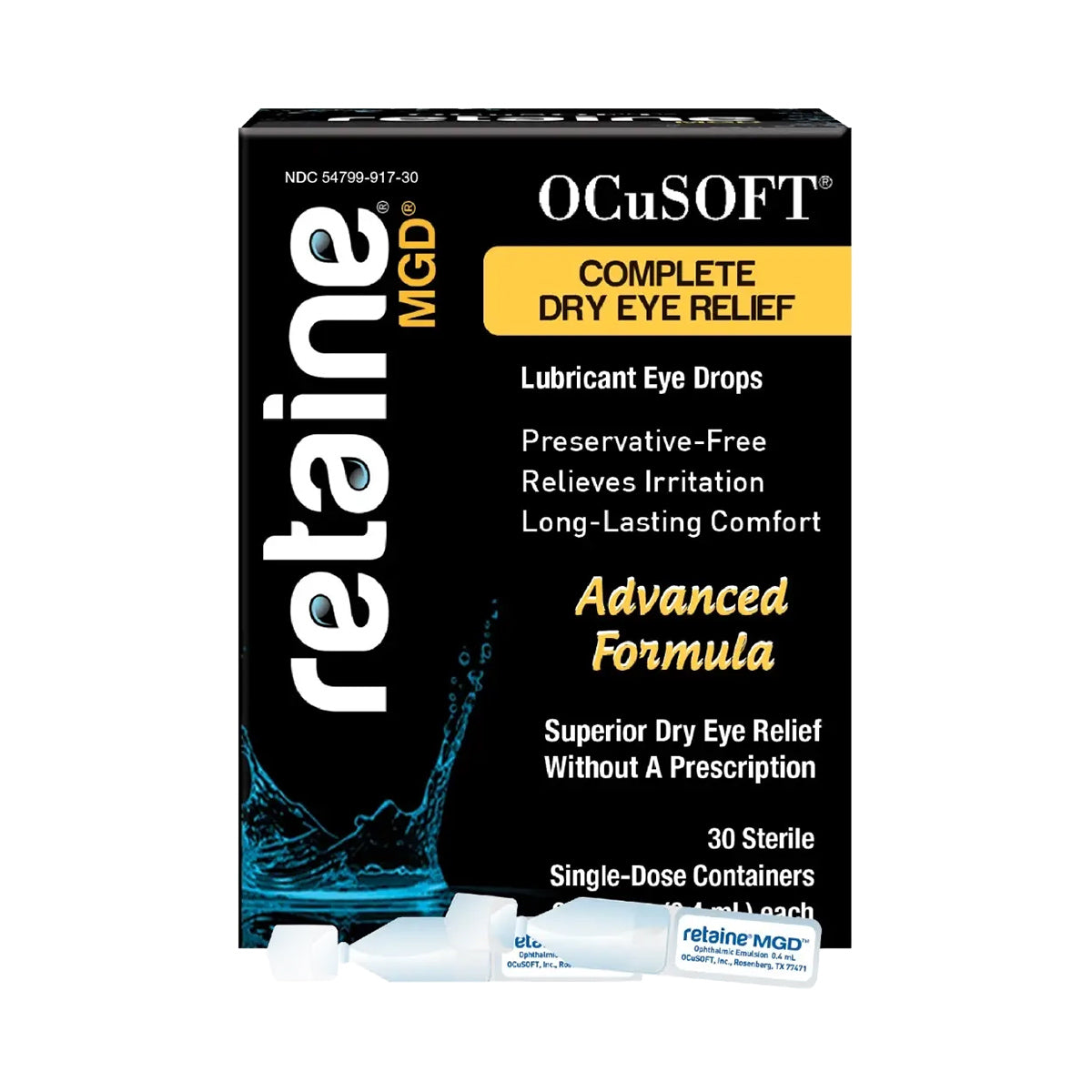 OCuSOFTs Retaine MGD Eye Drops offer dry eye relief in a sleek black and yellow box. This preservative-free formula ensures irritation relief and long-lasting comfort, with 30 convenient single-dose containers.