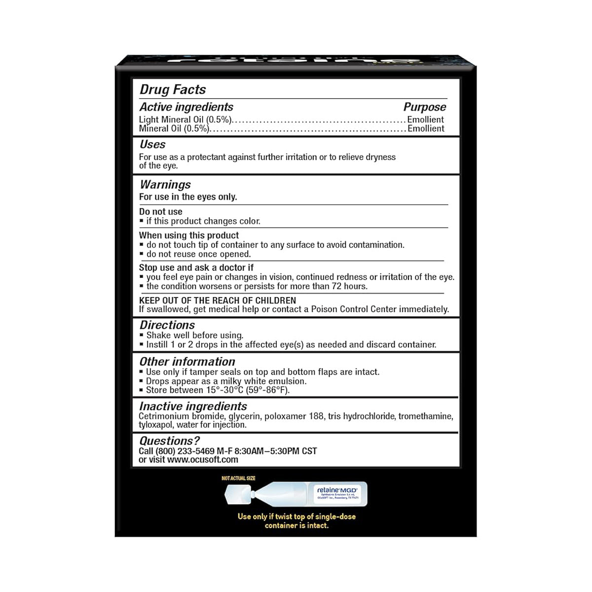 The back of the Ocusoft Retaine MGD Eye Drops (Preservative-Free) box lists drug facts, including active ingredients light mineral oil and mineral oil, warnings, directions, inactive ingredients, contact info for questions, and expiration note. Brand: OCuSOFT.