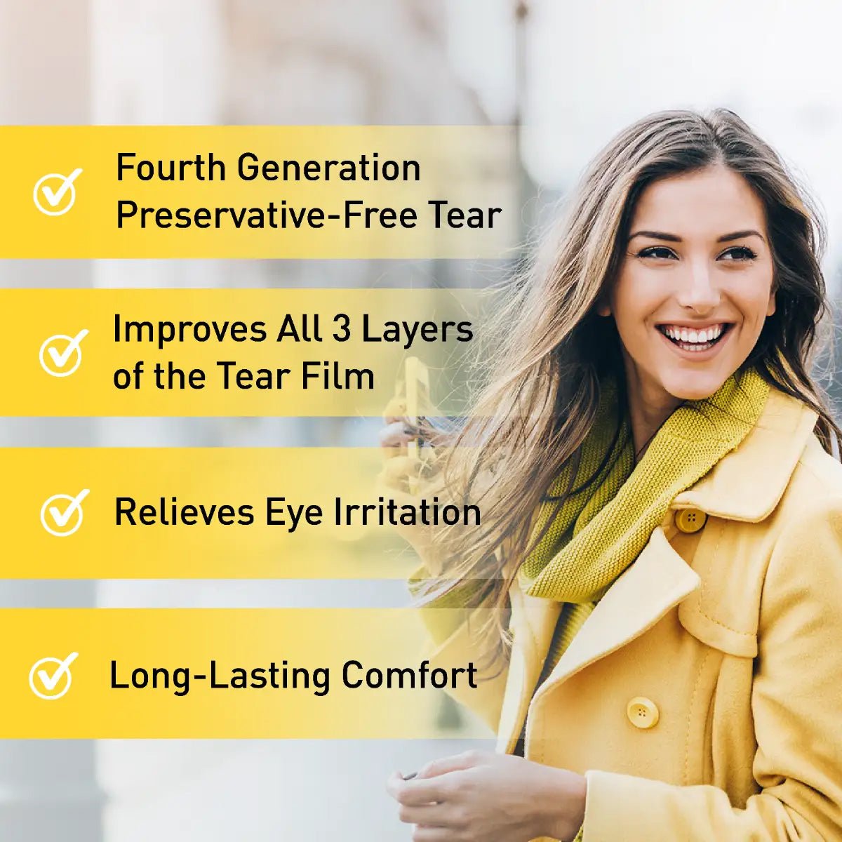 A smiling person in a yellow coat is outside, with text on the left detailing benefits of Ocusoft Retaine MGD Eye Drops: Preservative-Free Tear, Improves All 3 Layers of the Tear Film, Relieves Eye Irritation, and Long-Lasting Comfort with checkmarks, making it an ideal lubricant.