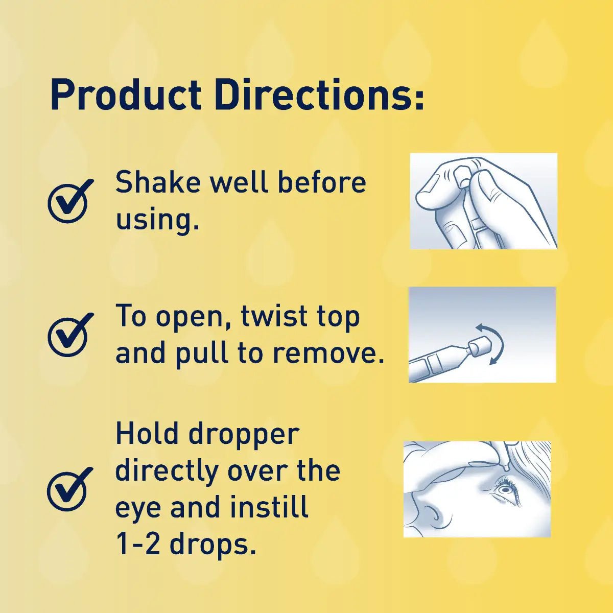 Instructions for using OCuSOFT Retaine MGD Eye Drops: Step 1: Shake well. Step 2: Twist and pull to remove top. Step 3: Hold dropper over eye and instill 1-2 preservative-free drops. Background features a yellow design with bubble patterns.