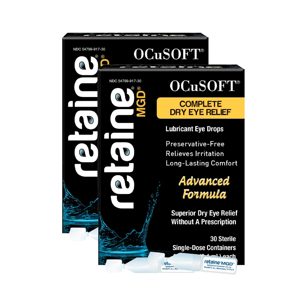 Two boxes of Ocusoft Retaine MGD eye drops by OCuSOFT provide Complete Dry Eye Relief with a preservative-free formula, ensuring lasting comfort in 60 sterile single-dose vials.