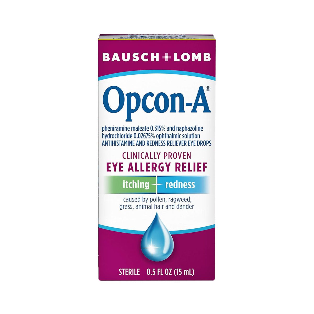 Box of Bausch & Lomb Opcon-A Eye Drops for Allergy Relief (15mL), clinically proven to treat itching and redness from pollen, ragweed, grass, animal hair, and dander.