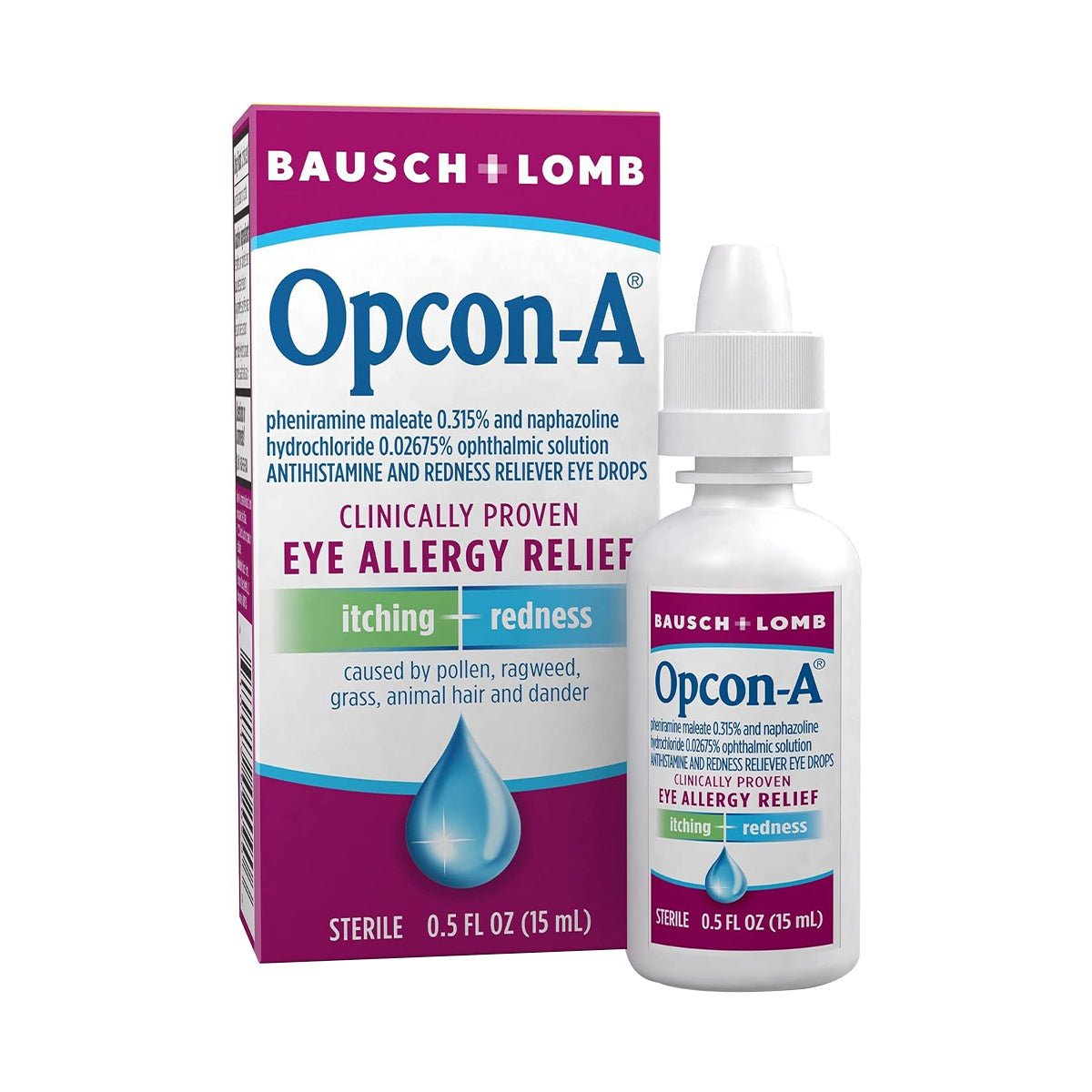 Bausch & Lomb Opcon-A Eye Drops for Allergy Relief (15mL) promises effective relief from allergy symptoms like itching and redness, featuring pheniramine maleate and naphazoline hydrochloride in a 0.5 fl oz bottle.