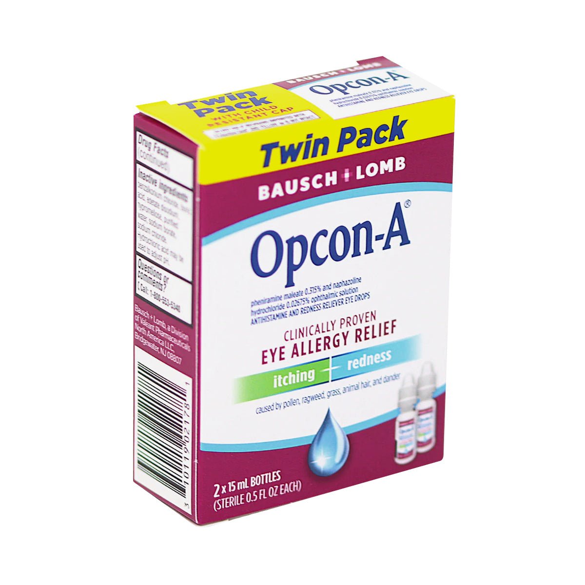 Image of Opcon-A Allergy Relief Eye Drops Twin Pack by Bausch + Lomb. This product targets eye allergies, providing antihistamine relief for itching and redness with two 15 mL bottles.