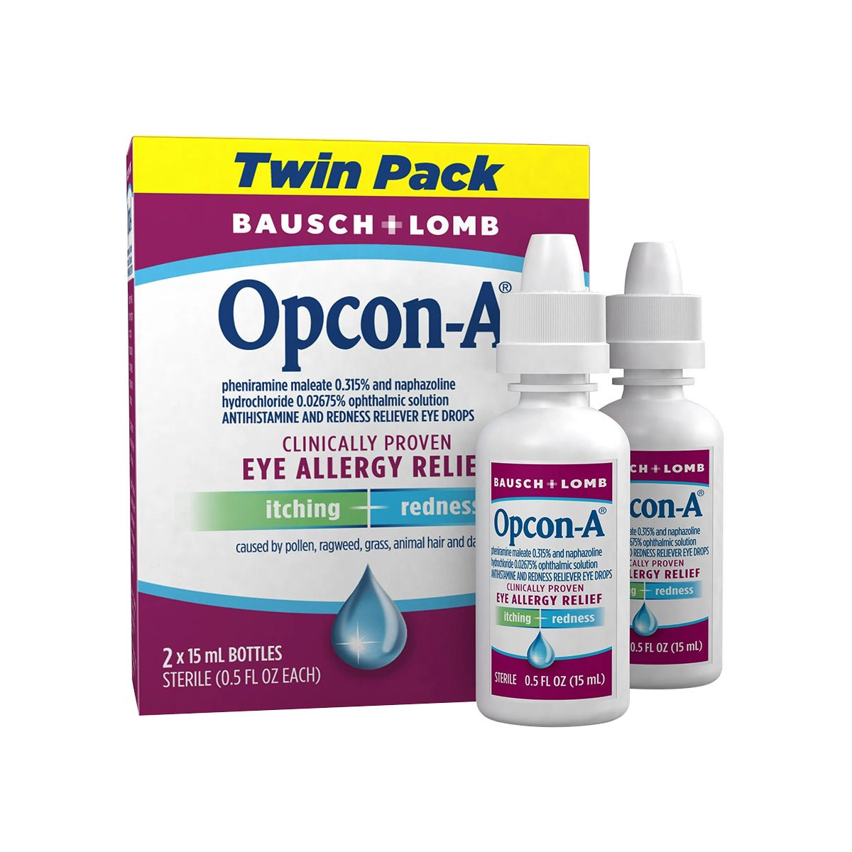 Image of a Bausch + Lomb Opcon-A Allergy Relief Eye Drops Twin Pack, showcasing two 15ml bottles upfront. This packaging highlights the antihistamine formula specifically designed for eye allergy relief, targeting itching and redness.