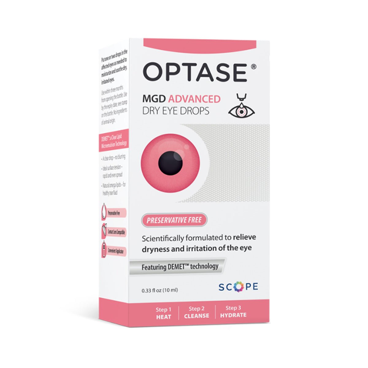 Optase MGD Advanced Eye Drops, preservative-free, 0.33 fl oz, soothe dryness and irritation with DEMET technology and a lipid-based formula for Meibomian Gland Dysfunction. It follows three steps: heat, cleanse, hydrate. The box is mostly white with pink accents.