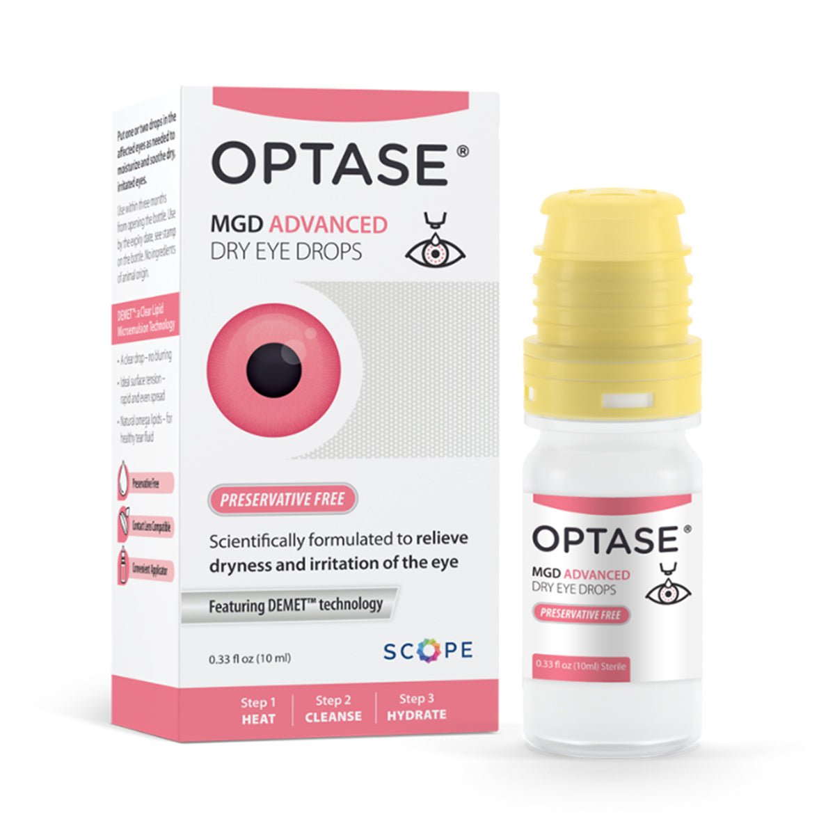 Image of Optase MGD Advanced Eye Drops Preservative-Free 2 Month Supply packaging and bottle. The box, mainly white with red and black text, emphasizes the preservative-free lipid-based formula with DEMET technology for Meibomian Gland Dysfunction relief. The bottle has a yellow cap.