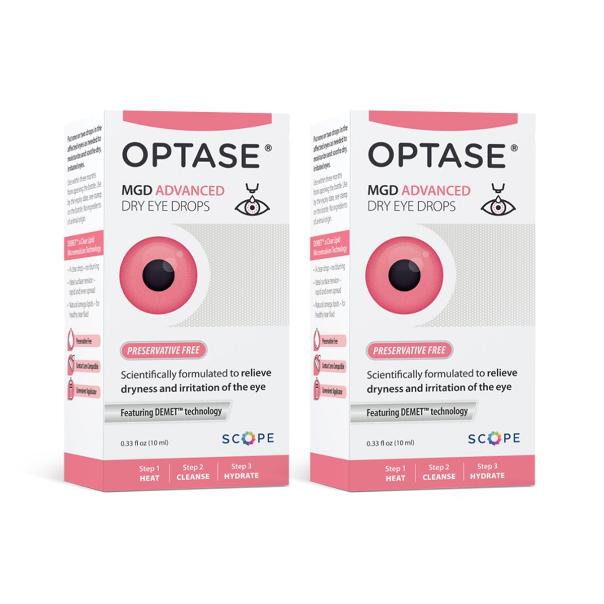 Two boxes of Optase MGD 2-pack Advanced Eye Drops are shown, each featuring a pink lid, eye graphic, and details emphasizing its preservative-free formula with DuraTear technology, perfect for relieving dryness and irritation due to Meibomian Gland Dysfunction.