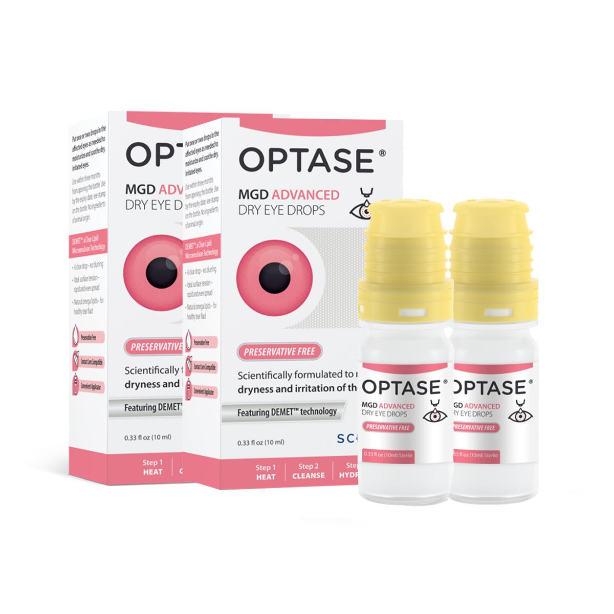 Two boxes of Optase MGD 2-pack Advanced Eye Drops provide a preservative-free, DEMET technology solution for Meibomian Gland Dysfunction. Featuring an eye illustration on the red-circled packaging, each 10ml bottle of this 600-drop pack ensures lasting comfort for over 3 months.