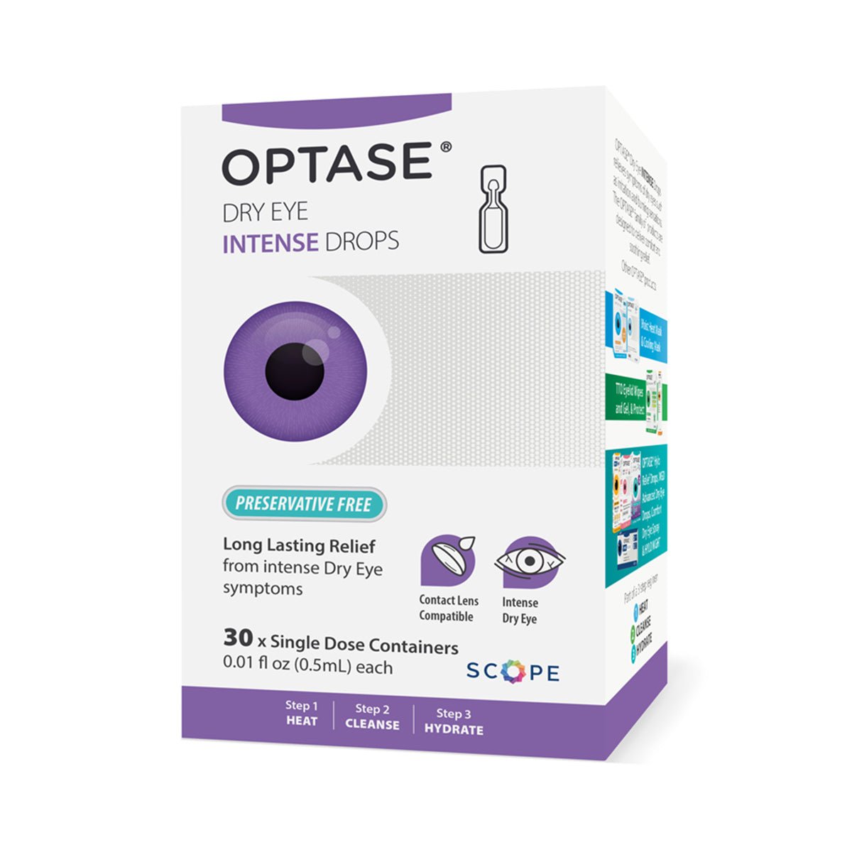 OPTASE Intense Eye Drops Single Dose Units by Optase offer glycerin-based, preservative-free relief for intense dry eyes. Each box contains 30 vials of 0.01 fl oz, ensuring convenience and effectiveness in every drop.