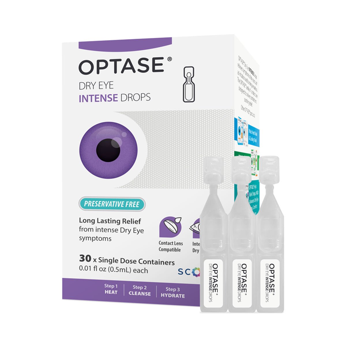 Optases OPTASE Intense Eye Drops Single Dose Units feature an eye illustration on the box. The product includes 30 preservative-free, glycerin-based vials compatible with contact lenses, with three shown in front of the packaging.