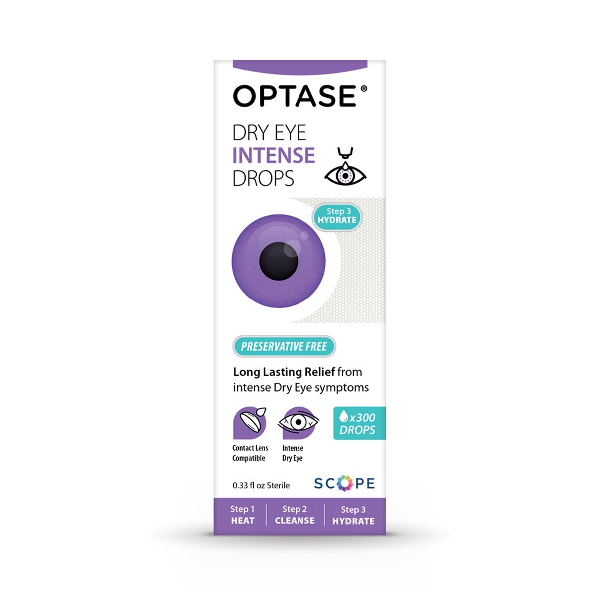 Optase Intense Preservative Free Eye Drops (10mL) by Optase provide preservative-free, long-lasting relief for intense dry eye symptoms, delivering approximately 300 drops. The packaging highlights effectiveness and guides on steps: heat, cleanse, hydrate.