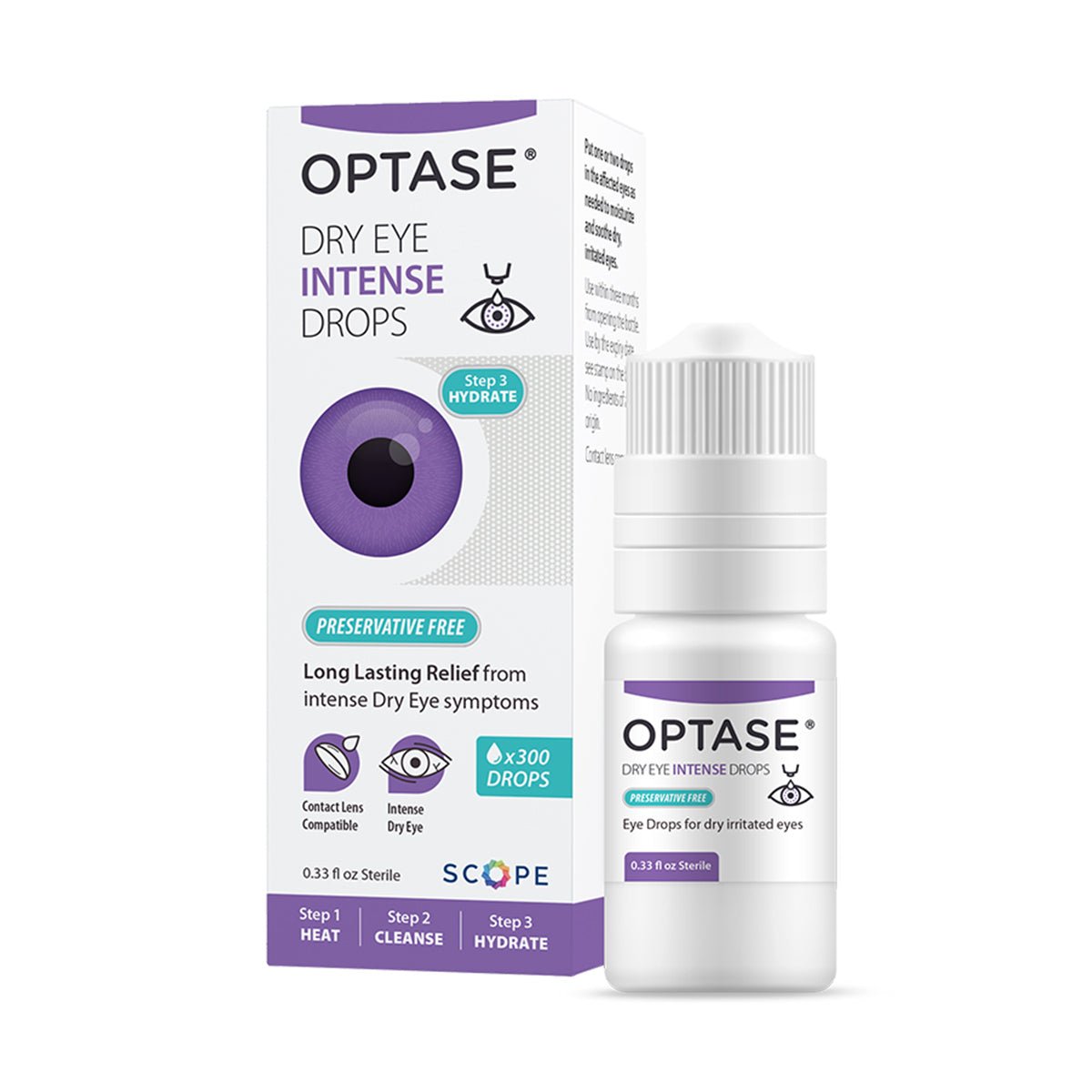 The image features an Optase Intense Preservative Free Eye Drops box and bottle, with a purple eye illustration, promising preservative-free, long-lasting relief for dry eyes in a 10mL (0.33 fl oz) sterile solution, ideal for intense symptom relief.