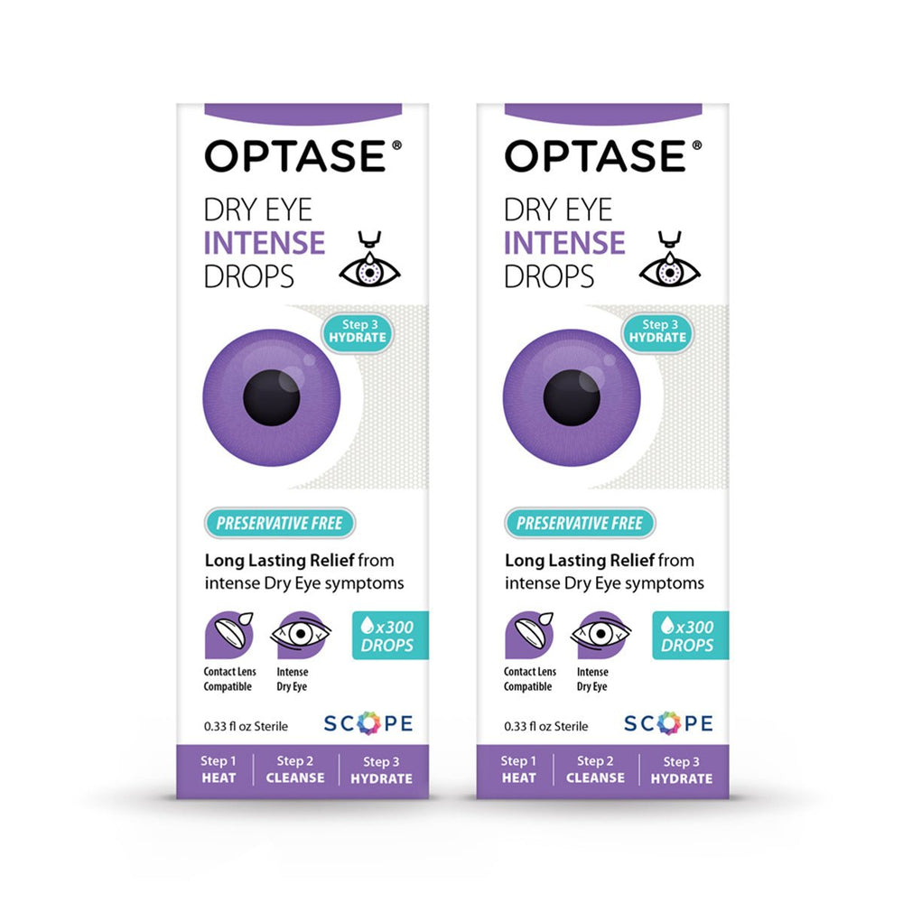 Optase Intense 2-pack cartons with purple eye artwork, front