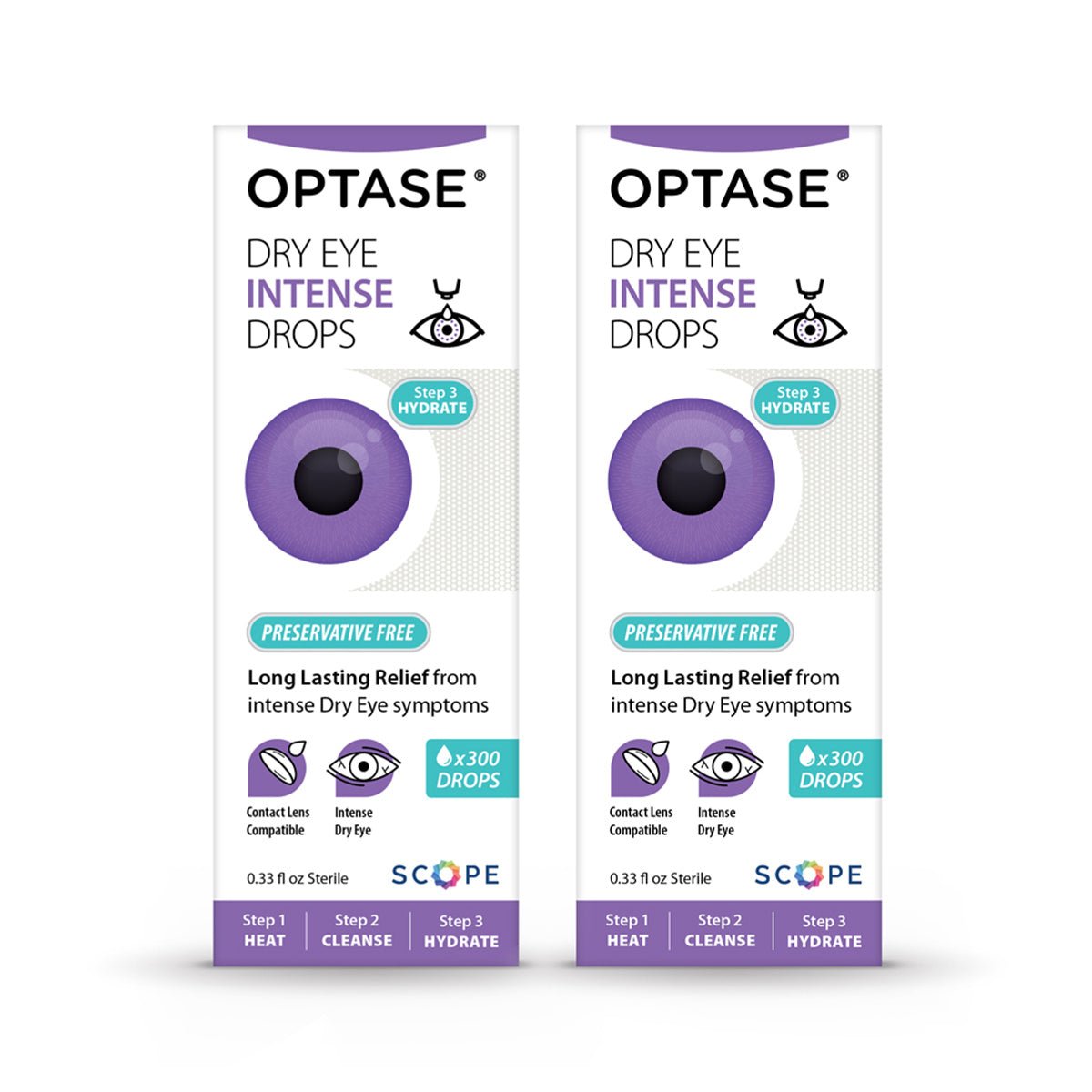 The Optase Intense 2-Pack Preservative Free Eye Drops are displayed with a purple eye graphic. Each box provides long-lasting relief for moderate to severe dry eyes, includes over 300 drops, and features steps: heat, cleanse, hydrate.