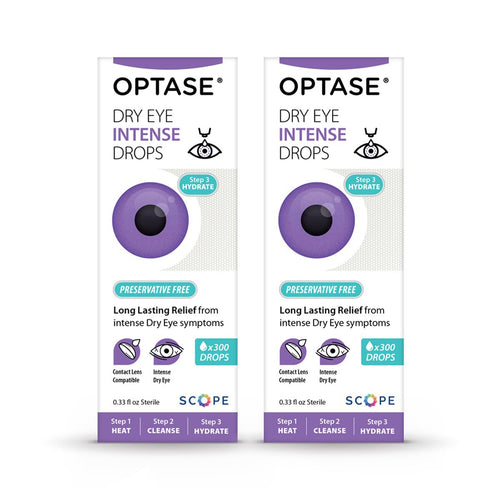 The Optase Intense 2-Pack Preservative Free Eye Drops are displayed with a purple eye graphic. Each box provides long-lasting relief for moderate to severe dry eyes, includes over 300 drops, and features steps: heat, cleanse, hydrate.
