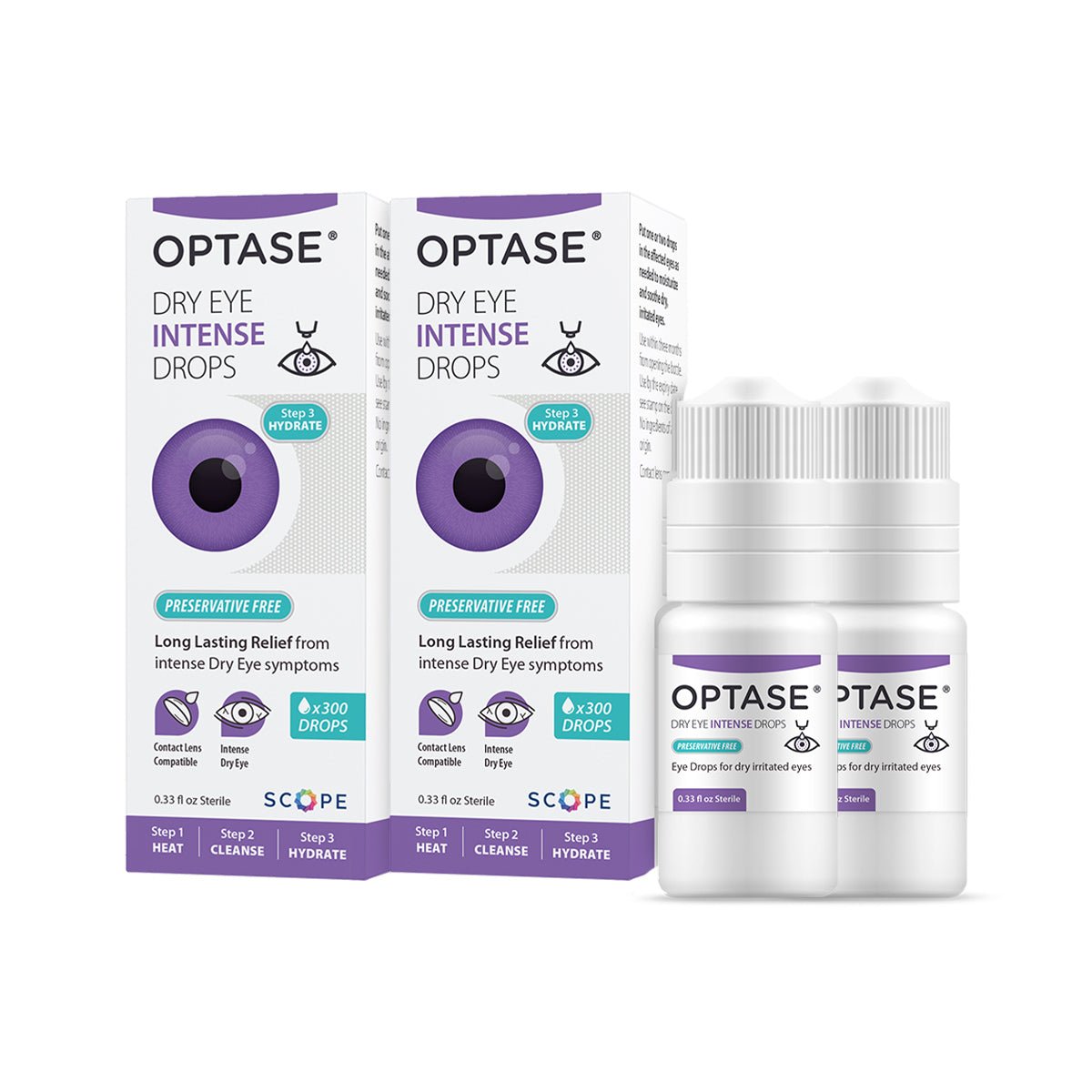 The Optase Intense 2-pack comes with two boxes and bottles featuring a purple eye graphic. The label emphasizes its preservative-free formula, which preserves moisture and alleviates moderate to severe dry eye symptoms.