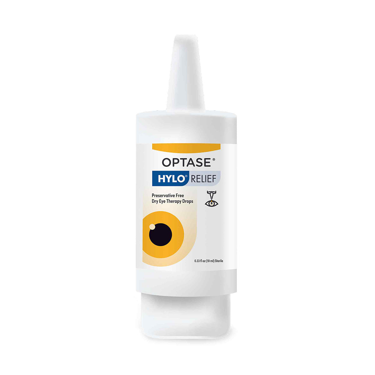 An image shows a white bottle of Optase Hylo Relief Preservative-Free Eye Drops (300 Drops), designed for easy application, ideal for those with manual dexterity issues. The label has a blue and yellow design, highlighting its preservative-free feature, providing relief from dry eye disease.