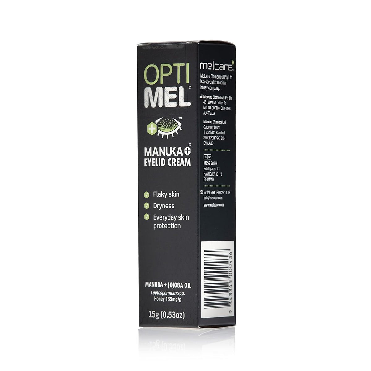 The Optimel Manuka Eyelid Cream by Melcare, perfect for sensitive skin, relieves flakes and dryness while providing daily protection. Enriched with Manuka honey and Jojoba Oil, it comes in a mostly black box with green and white text.