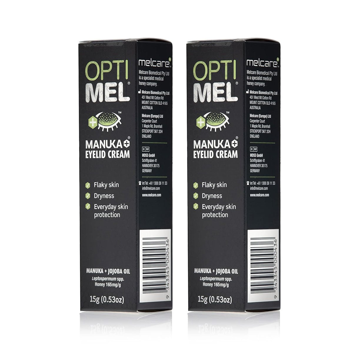 Two tubes of Melcares Optimel Manuka Eyelid Cream for Dry Flaky Skin, each 15g, are depicted. The dark packaging emphasizes its suitability for sensitive skin and highlights benefits like treating dryness and flakiness with a potent blend of Manuka honey and Jojoba Oil.