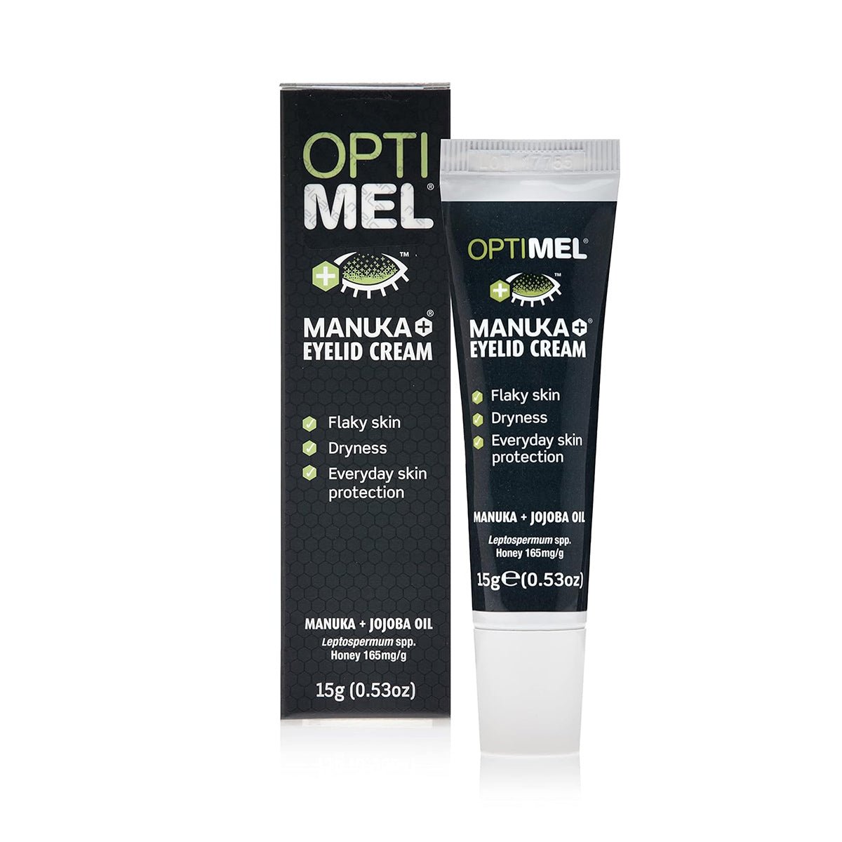 Melcares Optimel Manuka Eyelid Cream (15g) alleviates flaky, dry skin with its blend of Manuka honey and jojoba oil, suitable for sensitive skin. Its sleek black and green tube design provides everyday protection.