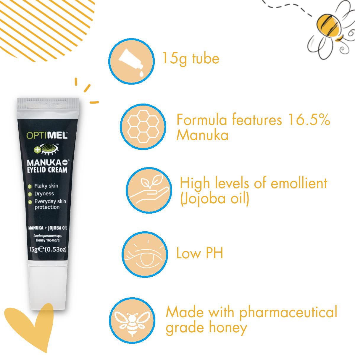 The Optimel Manuka Eyelid Cream for Dry Flaky Skin, by Melcare, is showcased with its features: a pack of two 15g tubes, containing 16.5% Manuka honey, enriched with Jojoba oil for high emollience, formulated at a low pH using pharmaceutical-grade honey. Decorated with honey and leaf motifs.