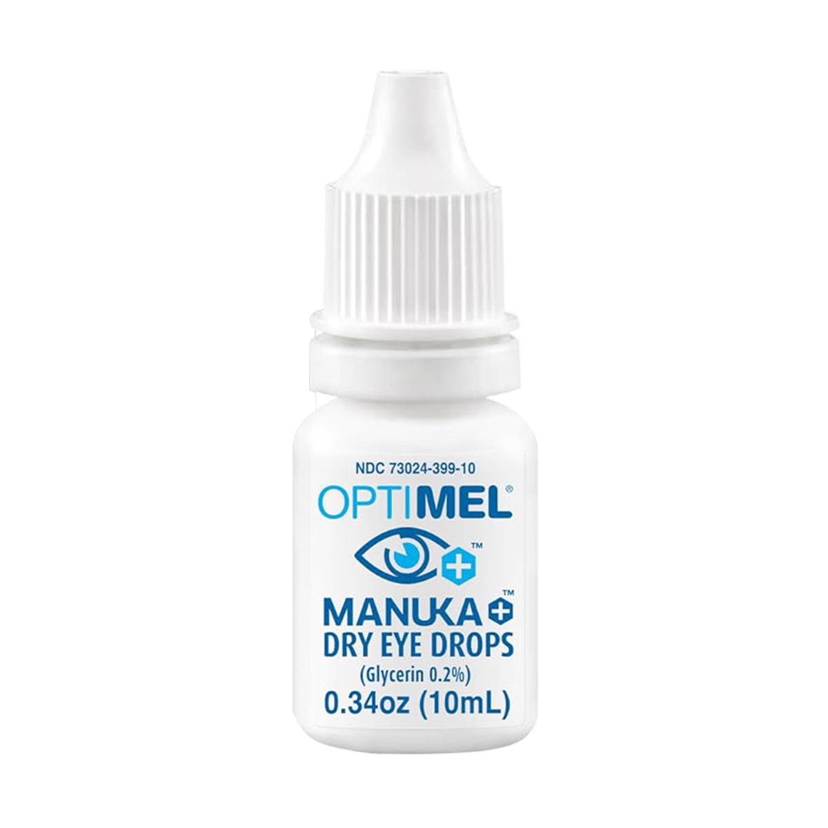 Image of a box and bottle of Melcares Optimel Manuka Eye Drops 0.2%, offering relief for eye discomfort and lid irritation. Infused with Manuka honey, these sterile drops provide soothing relief for dry eyes and target meibomian gland dysfunction effectively in a 0.34 oz (10 mL) bottle.