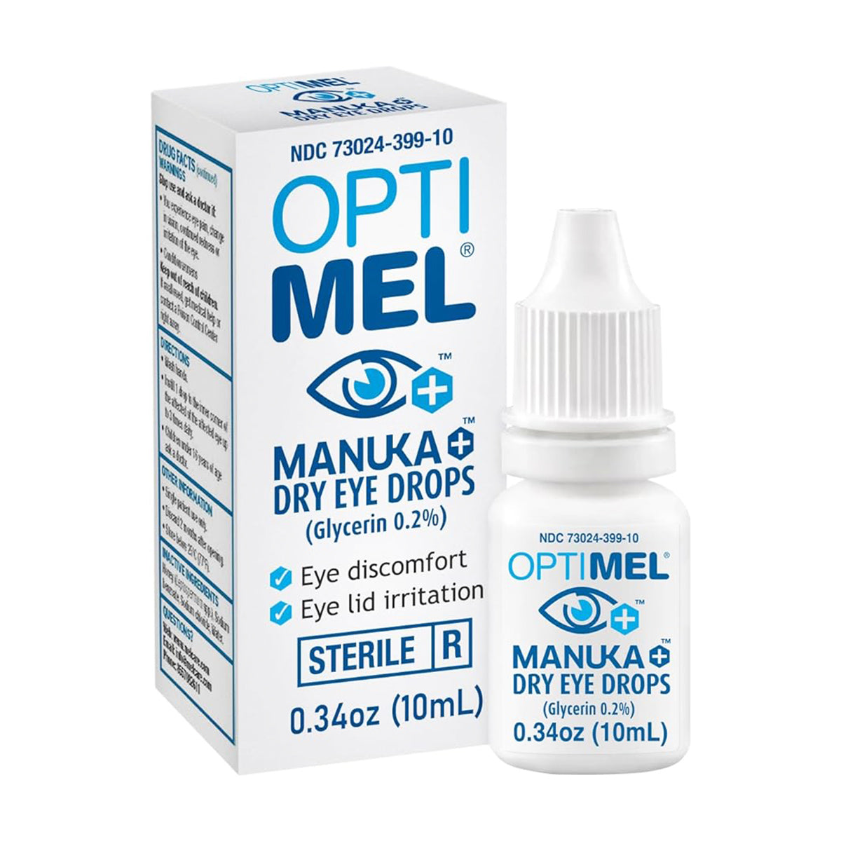 The Melcare Optimel Manuka Eye Drops 0.2% (10mL) label warns to keep out of childrens reach, provides usage instructions, and notes single-patient use and temperature storage. Infused with Manuka honey for dry eye relief, it contains inactive ingredients like Leptospermum spp. honey and gum arabic.