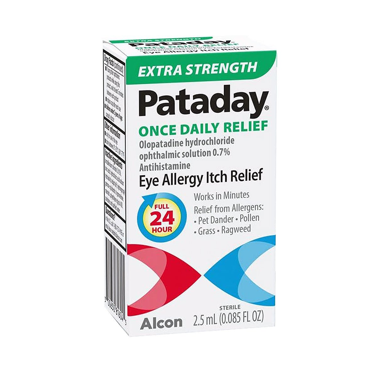 Alcons Pataday Extra Strength (2.5 mL) provides 24-hour relief from eye allergies, soothing itching caused by pet dander, pollen, grass, and ragweed with olopatadine hydrochloride.