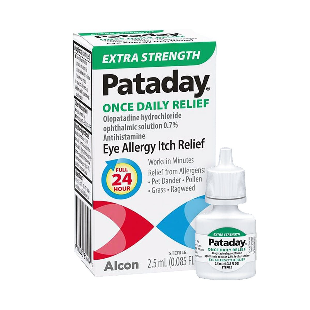 Alcons Pataday Extra Strength 2.5 mL provides 24-hour eye allergy relief, soothing against allergens like pollen and pet dander. It contains 0.7% olopatadine hydrochloride for effective itch relief.