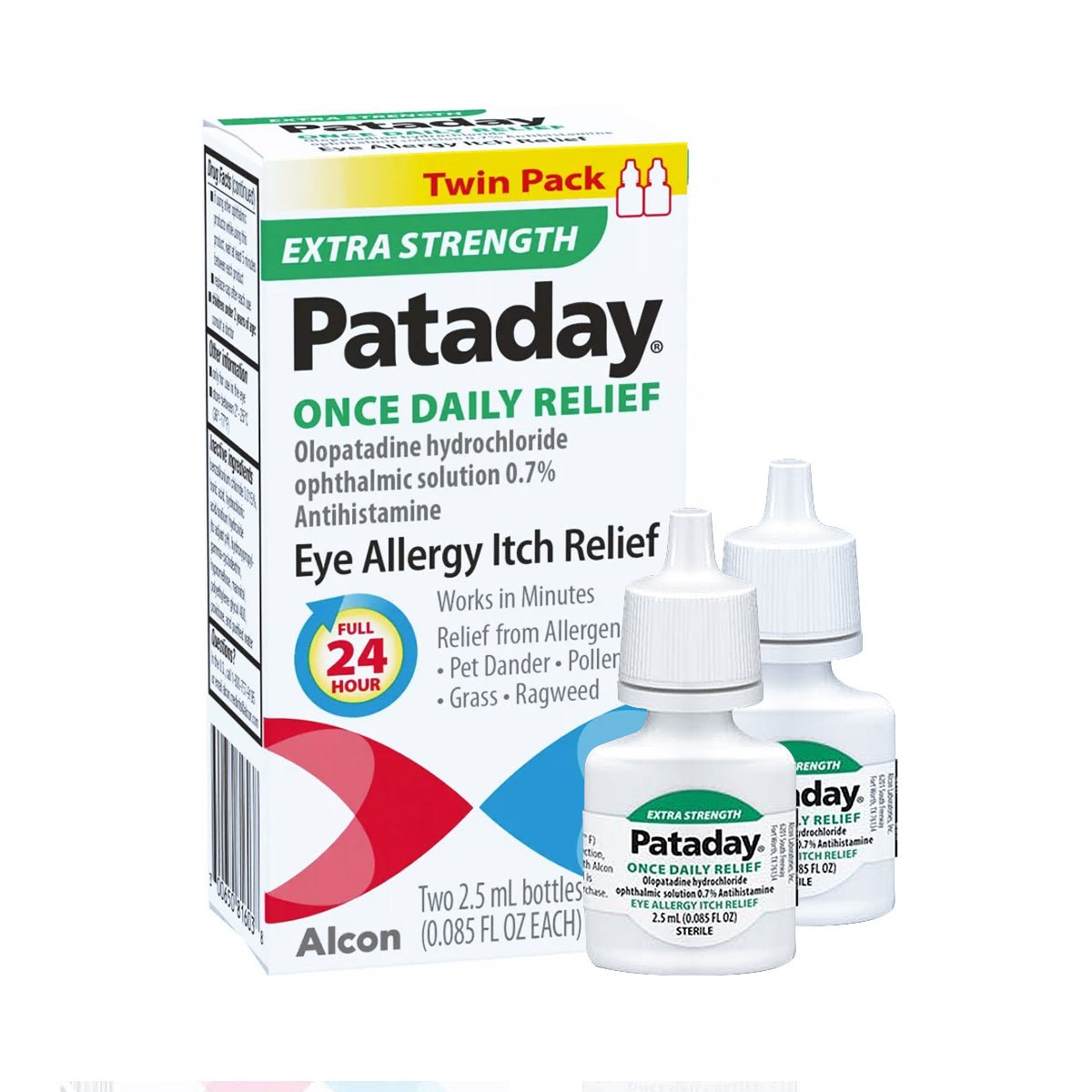 An image shows a box of Alcons Pataday Once Daily Relief Extra Strength (2.5ml, 2 Bottles Twin Pack), with two white dropper bottles in front. These nonprescription eye drops offer 24-hour relief from itchiness caused by pet dander, pollen, grass, and ragweed allergens for prescription-free eye relief.