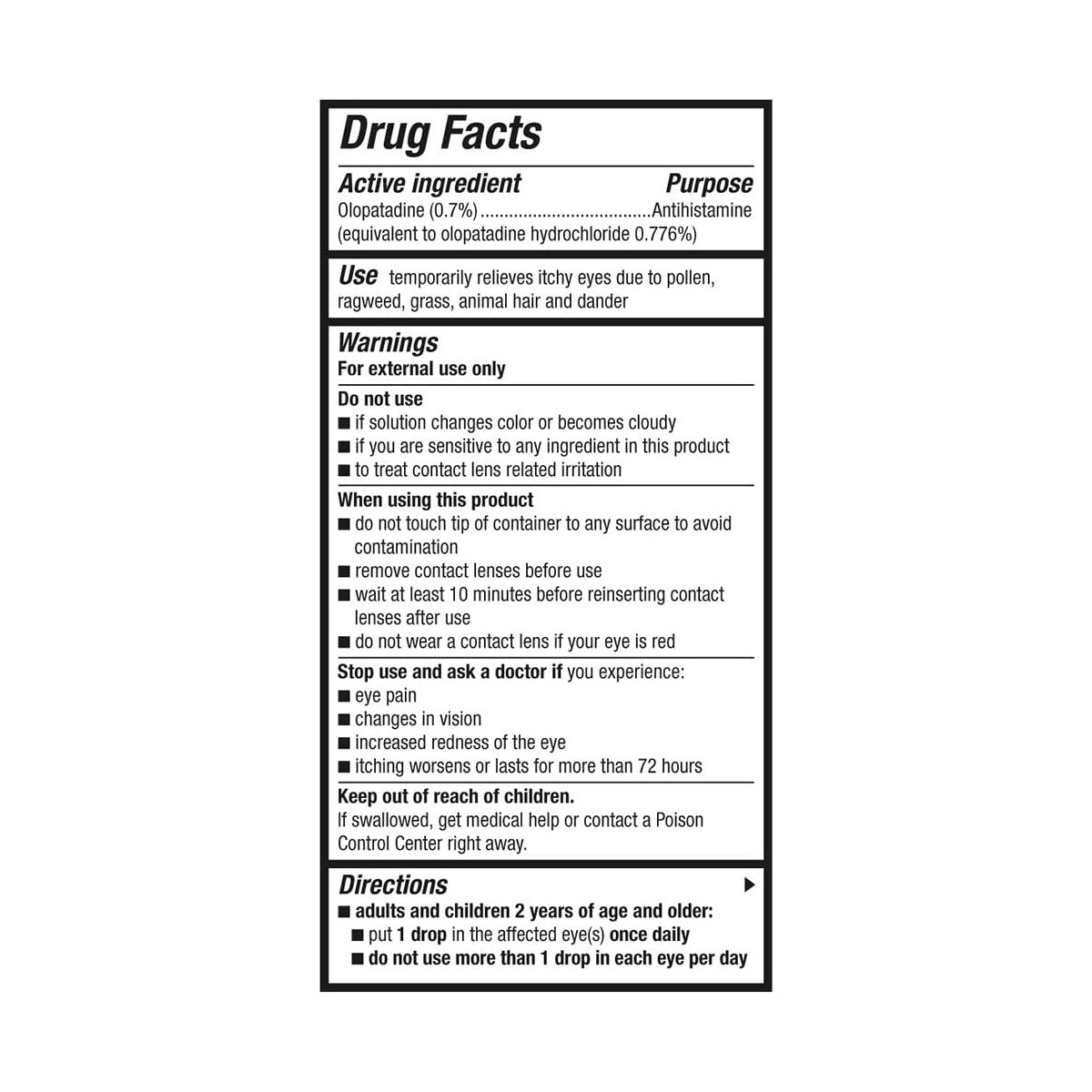 Image of a drug facts label for Pataday Extra Strength 2.5 mL (0.085 fl oz) by Alcon, detailing indications, warnings, and directions for 24-Hour Eye Allergy Relief with Olopatadine (0.7%) as the active ingredient. Instructions are for adults and children 2 years and older.