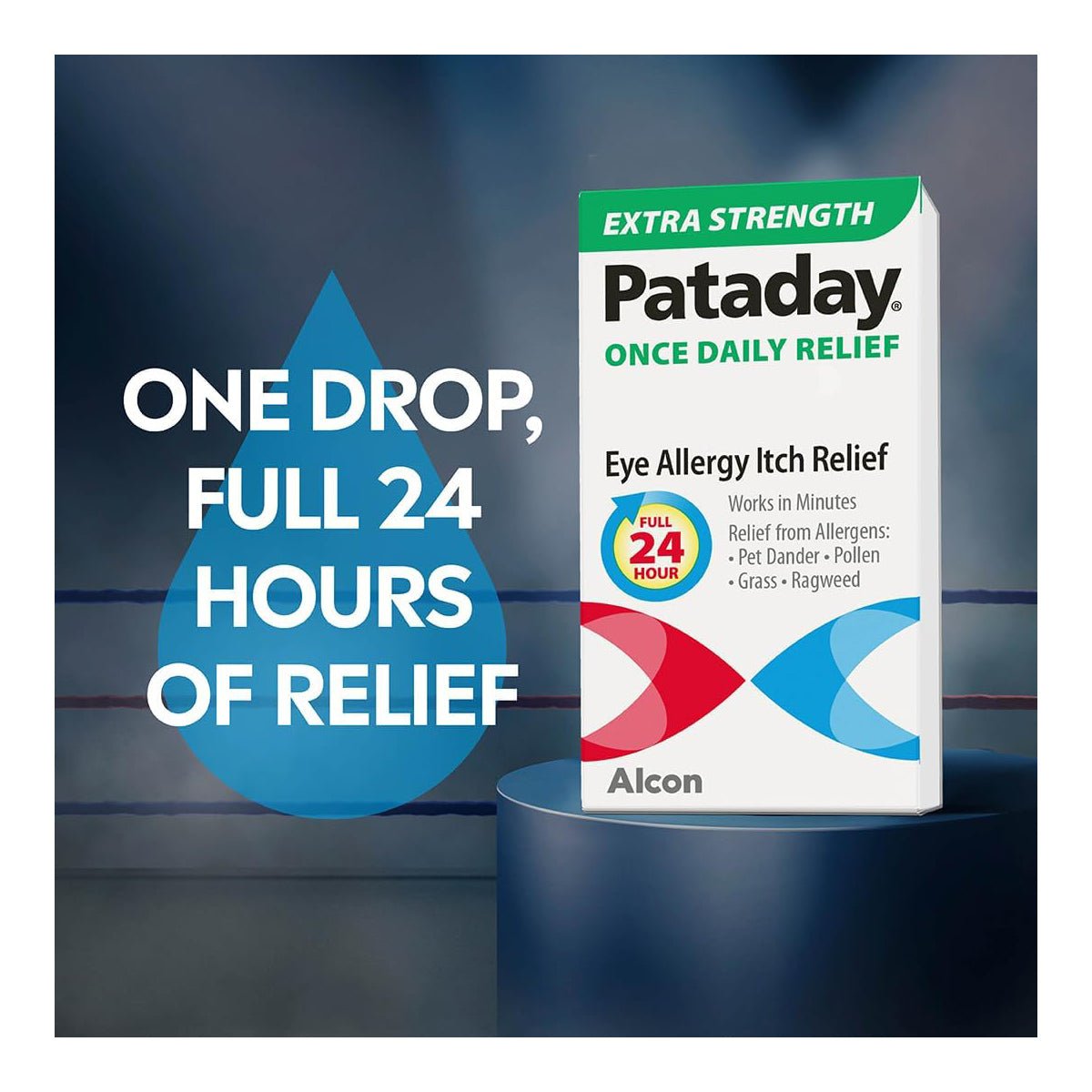 Image of a Pataday Extra Strength 2.5 mL box on a dark blue background with rings. Text beside it reads: One drop, full 24 hours of relief. Ideal for those needing round-the-clock eye allergy relief from various allergens. Brand: Alcon.