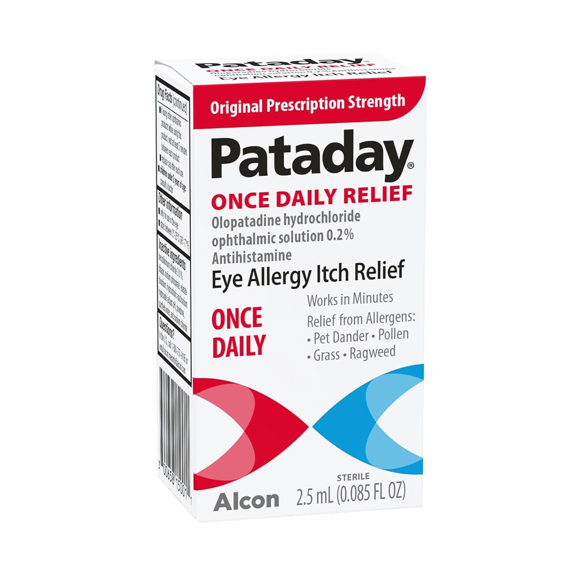 The Pataday Once Daily Relief by Alcon, available in single and twin packs, features a white box with red and blue graphics. It boasts Original Prescription Strength, Works in Minutes, and provides Once Daily Relief for itchy eyes, containing 2.5 ml (0.085 fl oz) of Olopatadine Hydrochloride.