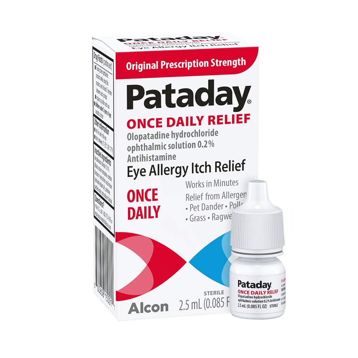 Box or twin pack of Alcons Pataday Once Daily Relief Eye Drops, Original Prescription Strength, with 0.2% olopatadine hydrochloride, an antihistamine that alleviates itch from eye allergies including pollen, ragweed, and pet dander.