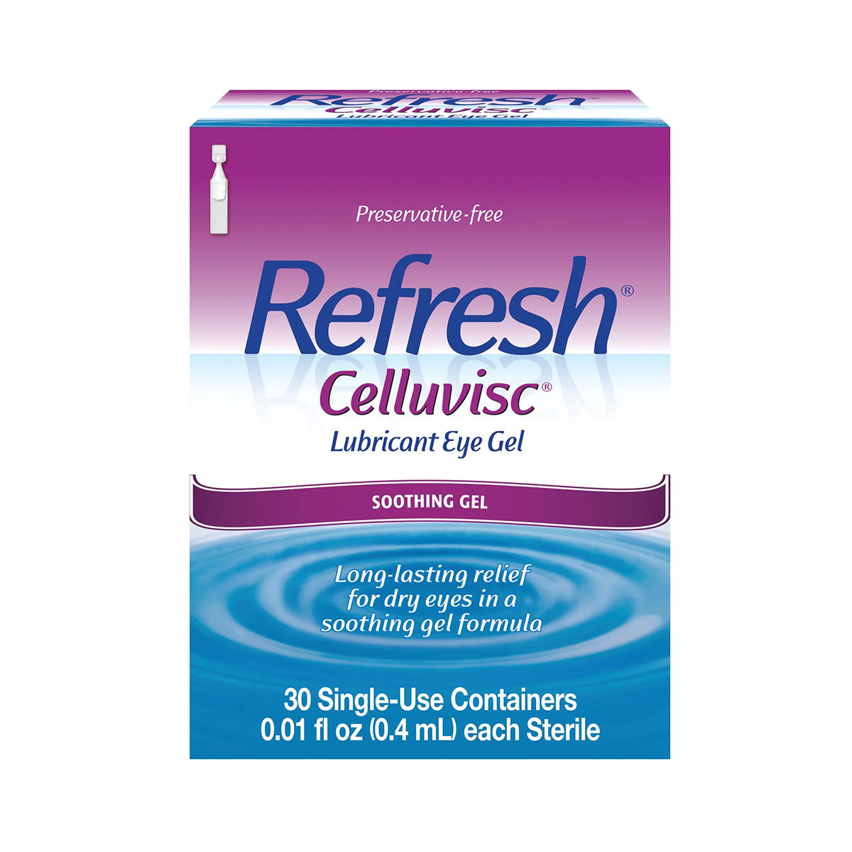 The image shows a box of Refresh Celluvisc Lubricant Eye Drops by Abbvie, offering extra-strength moisturizing relief for dry eyes. It is preservative-free and provides long-lasting comfort. The package contains 30 single-use sterile vials, each holding 0.01 fl oz (0.4 mL).