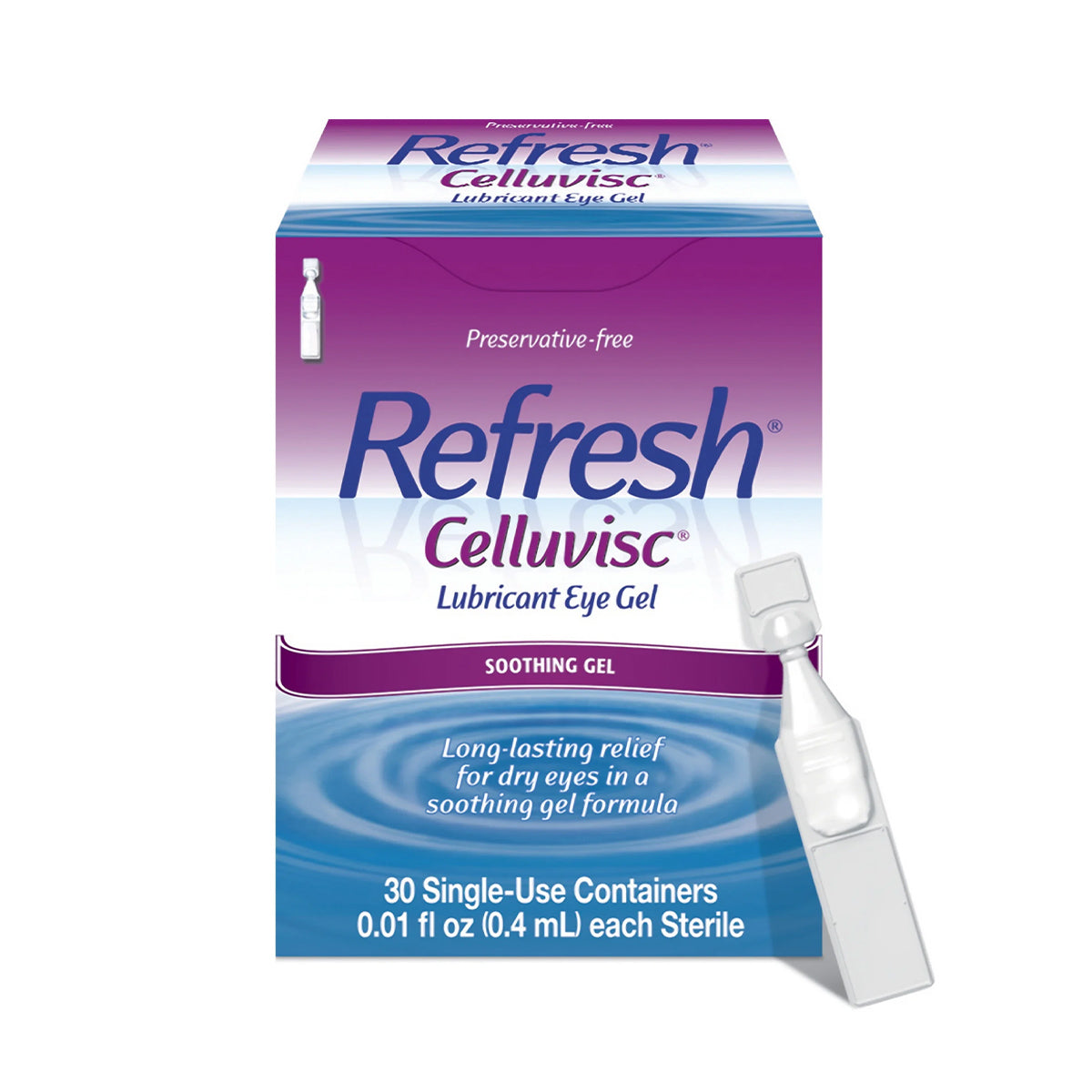 The purple packaging of Abbvies Refresh Celluvisc Lubricant Eye Drops, featuring 30 preservative-free vials at 0.01 fl oz (0.4 mL) each, highlights its extra-strength moisturizing relief for dry eye symptoms. One vial is shown beside the box.