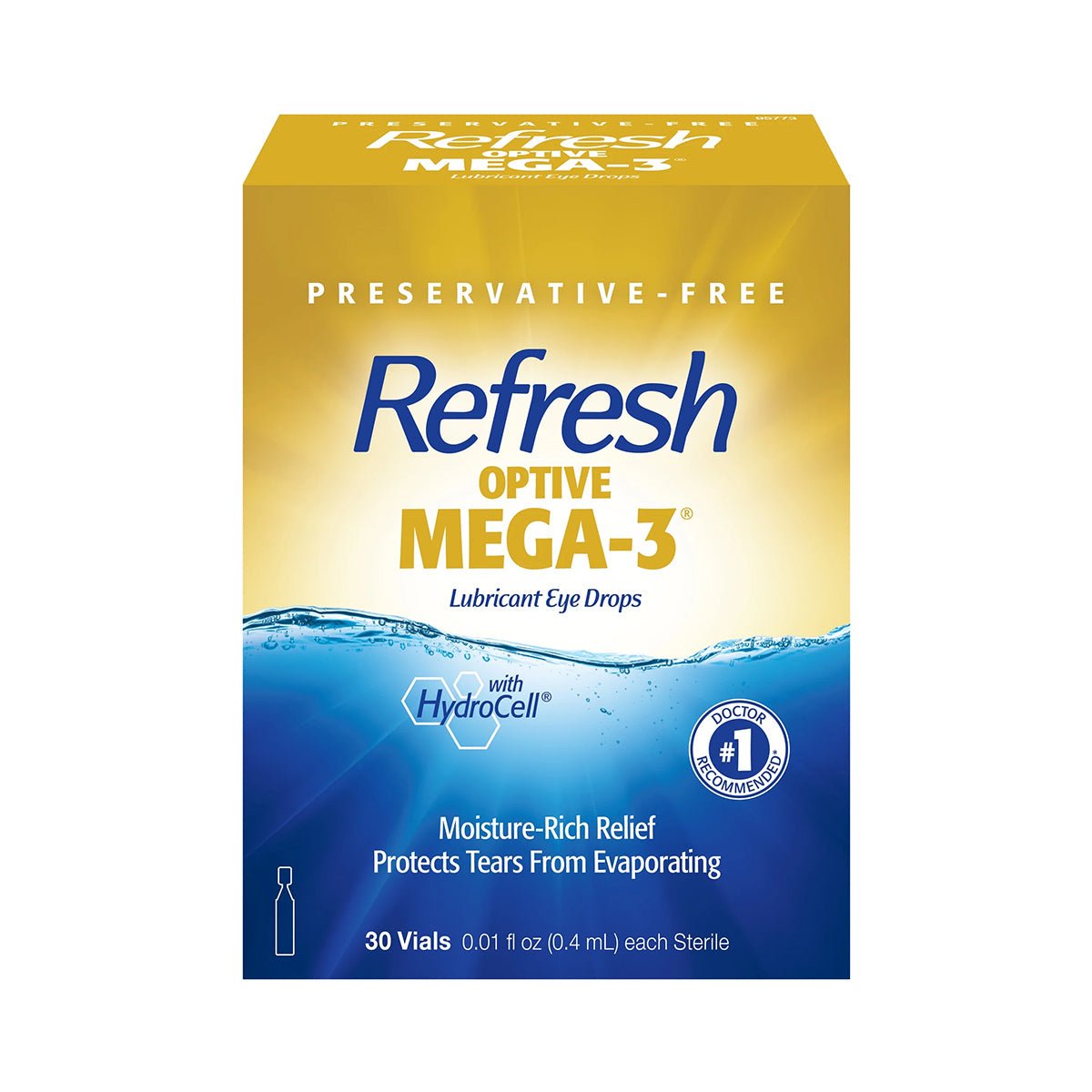 A yellow and blue box of Abbvies Refresh Optive MEGA-3 lubricant eye drops, preservative-free, offers Moisture-Rich Relief and supports Meibomian Gland Dysfunction by protecting tears from evaporating. Includes 30 single-use vials and features a #1 Doctor Recommended logo.