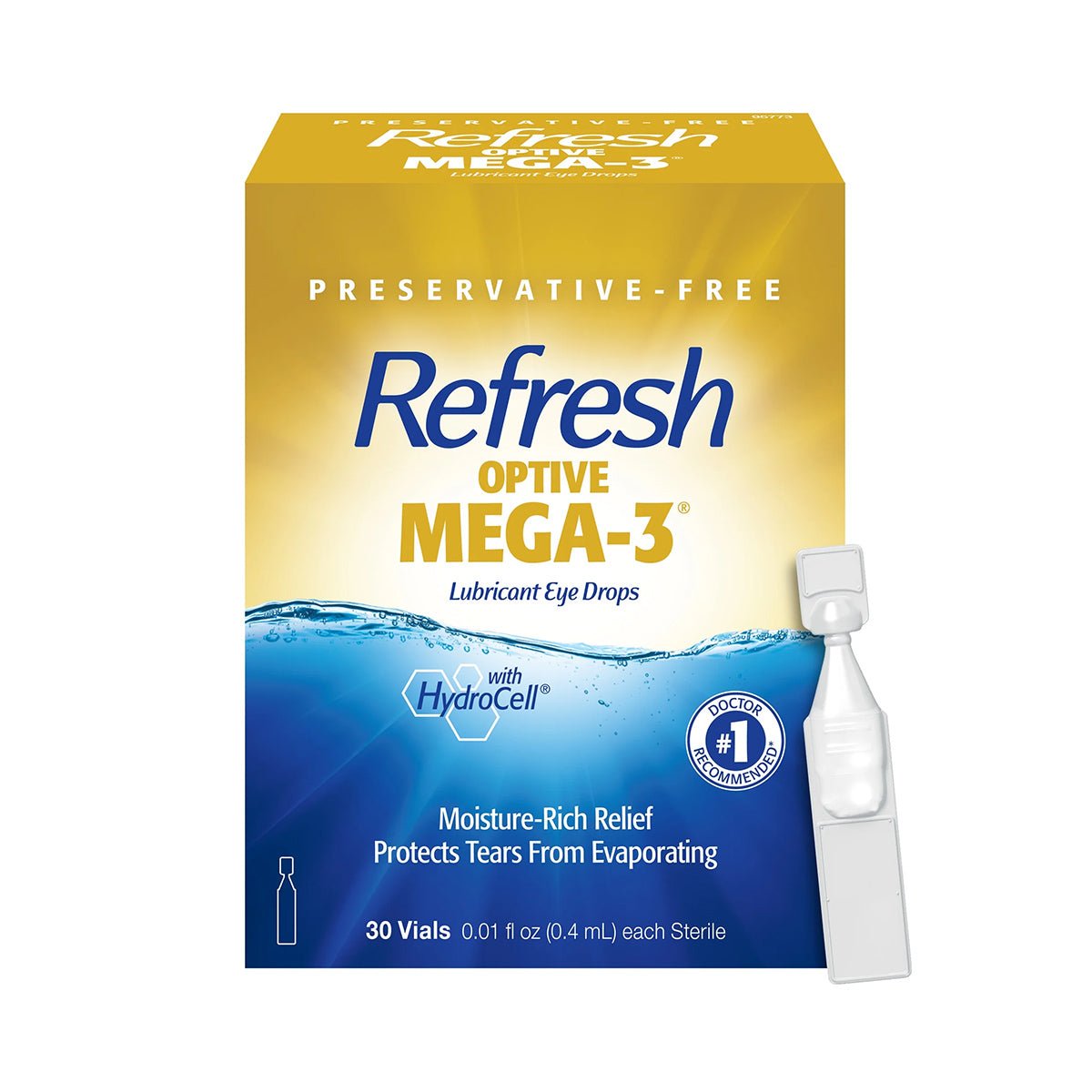 The image shows Abbvie’s Refresh Optive MEGA-3 Lubricant Eye Drops, ideal for Meibomian Gland Dysfunction. The yellow and blue box highlights Preservative-Free and Moisture-Rich Relief, containing 30 single-use 0.4 mL vials.