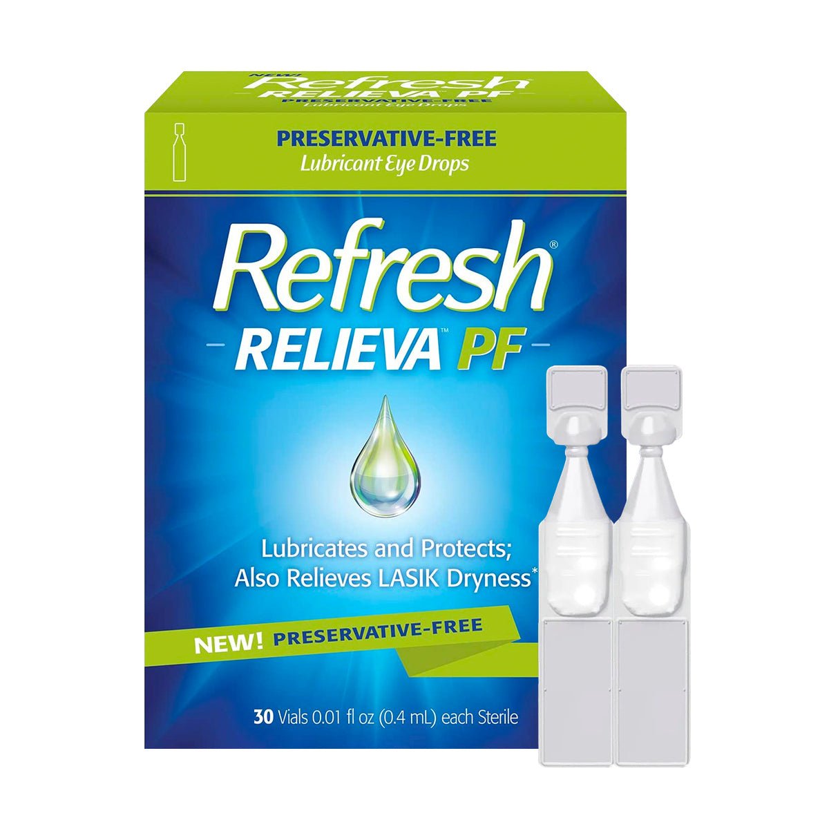 Abbvies Refresh Relieva Preservative-Free Lubricant Eye Drops offer 30 single-use vials (0.01 fl oz each) tailored for dry, irritated eyes, highlighting lubrication, protection, and relief from LASIK dryness. Two vials are featured on the packaging to emphasize these benefits.