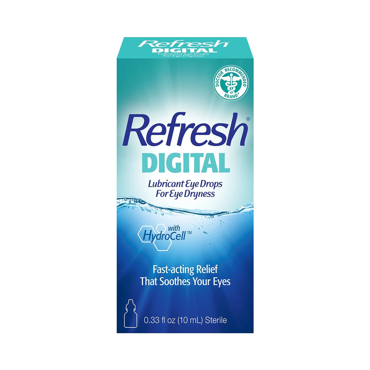 The image shows Abbvies REFRESH® DIGITAL Lubricant Eye Drops (10mL), featuring HydroCell Technology in blue and green packaging. It promises Fast-Acting Relief That Soothes Your Eyes and is ideal for relieving digital eye strain.