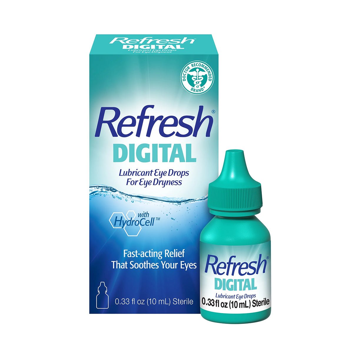 The image shows Abbvies REFRESH® DIGITAL Lubricant Eye Drops (10mL), offering fast-acting relief for Digital Eye Strain. The green and blue packaging, along with the sleek bottle design featuring HydroCell Technology, highlights its effectiveness against dryness.