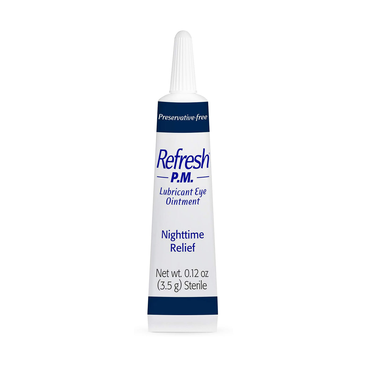 The Abbvie Refresh PM Lubricant Nighttime Eye Ointment (3.5g) comes in a soothing blue package and tube with a water droplet graphic. Its preservative-free, designed for nighttime dry eye relief, providing intense moisture and comfort for dryness. Net weight is 0.12 oz (3.5 g).