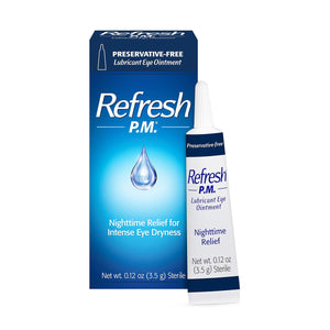 The Abbvie Refresh PM Lubricant Nighttime Eye Ointment (3.5g) comes in a soothing blue package and tube with a water droplet graphic. Its preservative-free, designed for nighttime dry eye relief, providing intense moisture and comfort for dryness. Net weight is 0.12 oz (3.5 g).