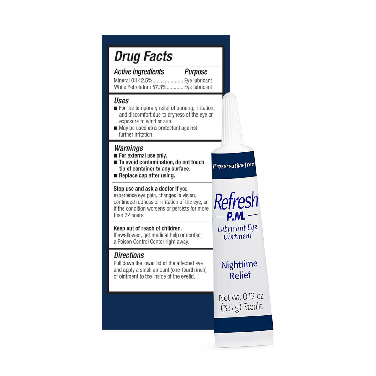 Image of Abbvies Refresh PM Lubricant Nighttime Eye Ointment (3.5g) box and tube showing drug facts with active ingredients, uses, warnings, and directions. This preservative-free ophthalmic ointment offers long-lasting moisture and overnight relief for temporary irritation from dryness.