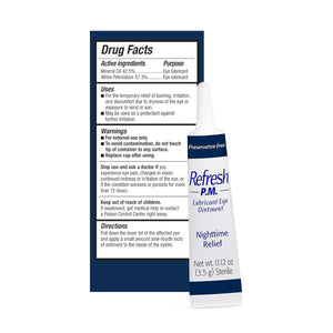 Image of Abbvies Refresh PM Lubricant Nighttime Eye Ointment (3.5g) box and tube showing drug facts with active ingredients, uses, warnings, and directions. This preservative-free ophthalmic ointment offers long-lasting moisture and overnight relief for temporary irritation from dryness.