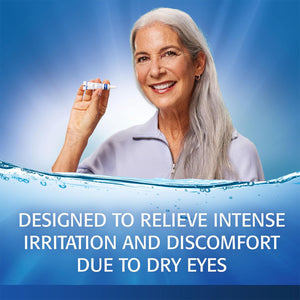 A smiling older woman holds a tube of Refresh PM Lubricant Nighttime Eye Ointment (3.5g) by Abbvie against a radiant blue background. Text below reads, Designed for nighttime dry eye relief to soothe intense irritation and discomfort due to dryness.