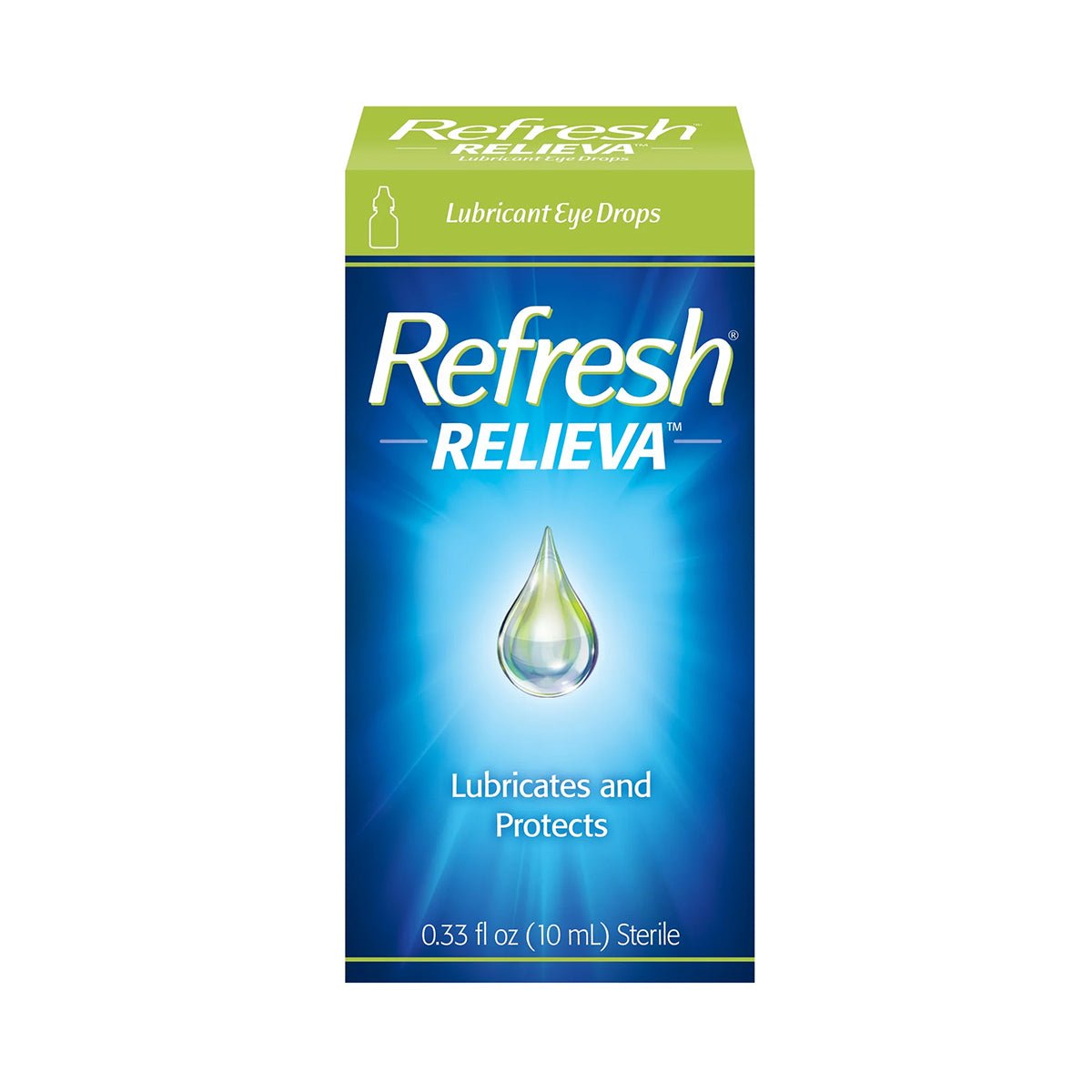 The Abbvie Refresh Relieva Eye Drops (10mL) packaging, depicted in green and blue with a droplet graphic, highlights Lubricates and Protects using HydroCell Technology for Dry Eyes Relief, labeled as 0.33 fl oz (10 mL) Sterile.