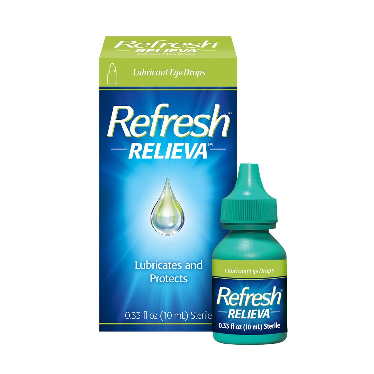 An image shows a green box with a matching bottle labeled Refresh Relieva Eye Drops (10mL) from Abbvie, featuring HydroCell Technology for dry eyes relief. The bottle has a green cap with Lubricant Eye Drops and Lubricates and Protects, highlighting a water droplet.